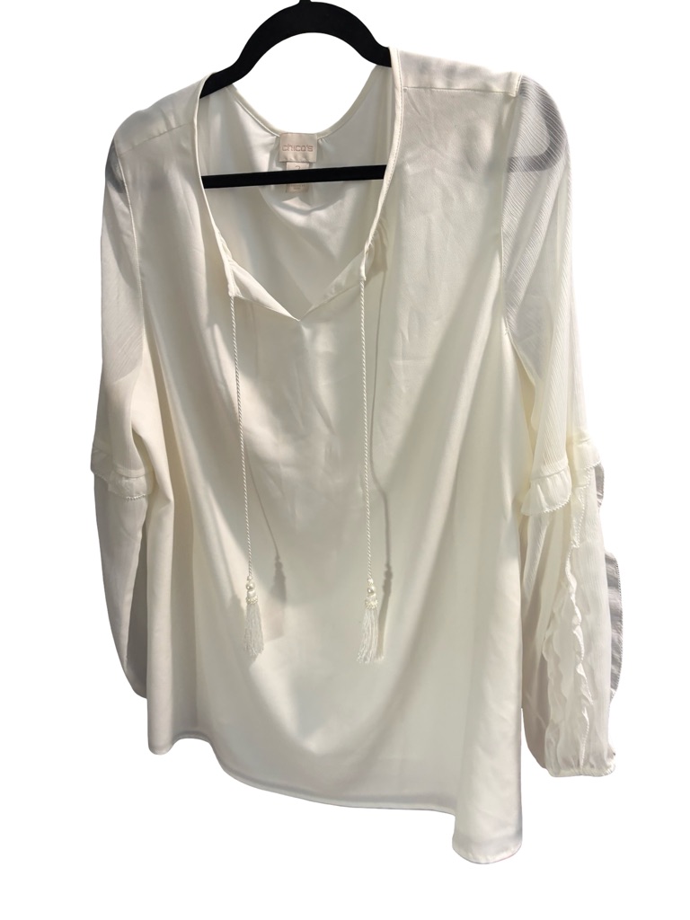 Chico’s White Ivory Boho Ruffle Tassel Sleeve Peasant Blouse Top 2 L